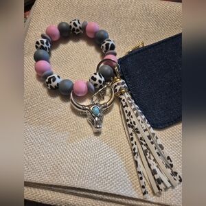 Pink and Gray Beaded Bracelet with Bull Charm